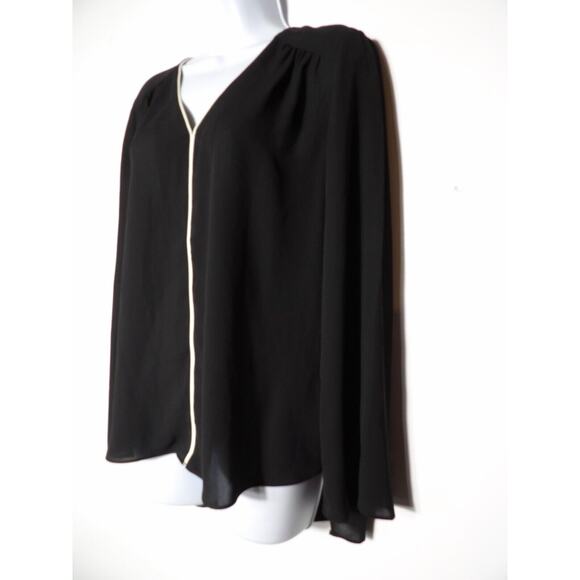 Catherine Malandrino Blouse Medium Black Hi Lo White Trim Career Office Flowy - Picture 2 of 11
